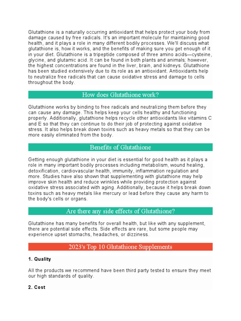 Benefits of Glutathione Explained | PDF | Glutathione