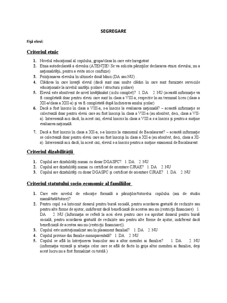 Fisa Elevi Segregare | PDF