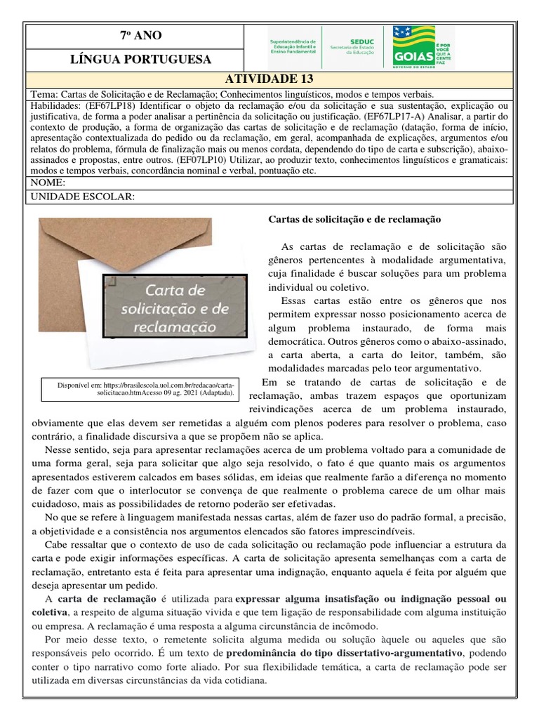 Atividade 13 7o Ano LP Cartas de Solicitacao e de Reclamacao ...