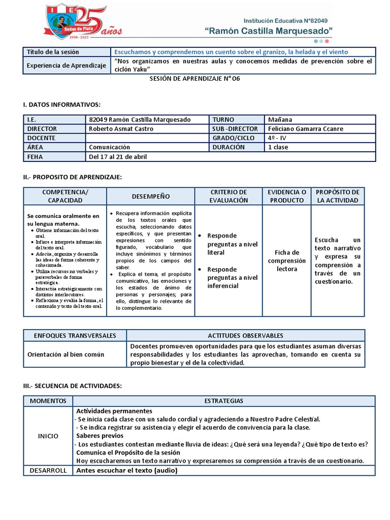 2023 Comunicación Sesión de Aprendizaje 6 | PDF | Aprendizaje ...
