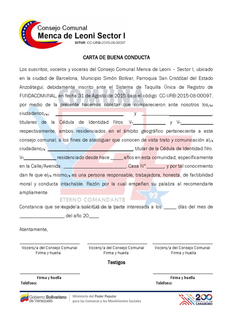 Carta de Buena Conducta Consejo Comunal | PDF | Ciencias sociales