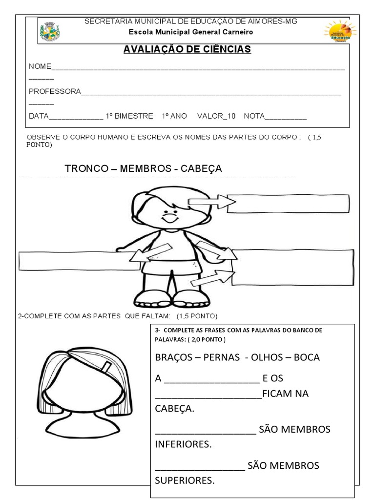 Avaliação de Ciências: Corpo Humano 1º Ano | PDF