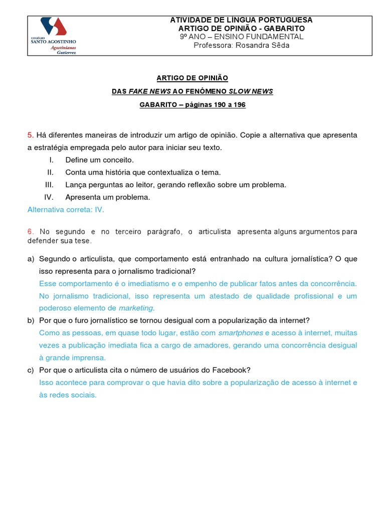 Gabarito - Artigo de Opinião - Págs. 190 a 196 | PDF | Jornalismo ...