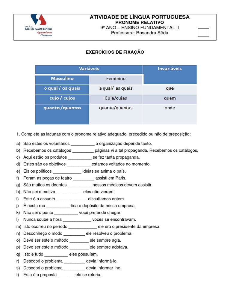 Exercícios de Pronomes Relativos 9º Ano | PDF | Pronome | Tecnologia da ...