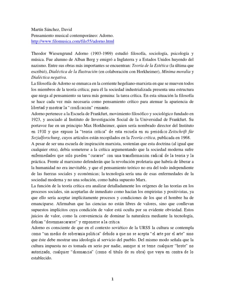 Mart N David. Adorno PDF Theodor W. Adorno La teoría crítica
