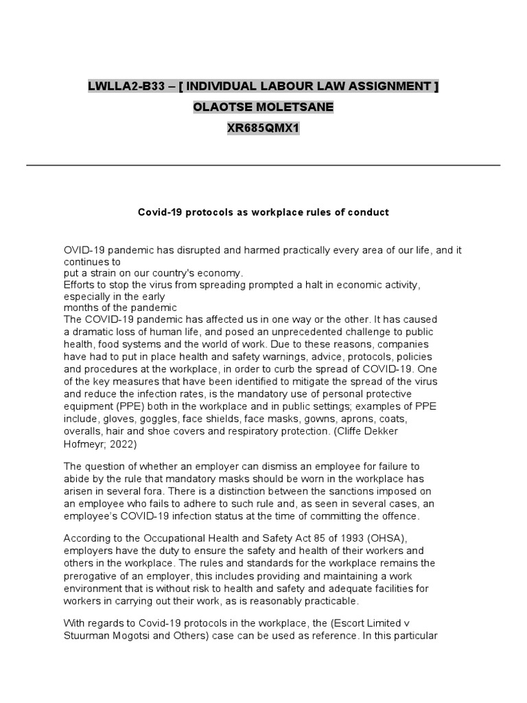 LABOUR LAW ASSIGNMENT GROSS NEGLIGENCE PDF Occupational Safety And