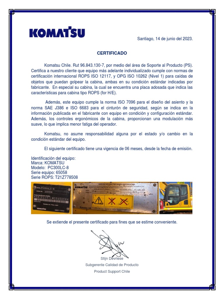 Certificado ROPS para Komatsu PC300LC-8 | PDF | Negocios | Tecnología