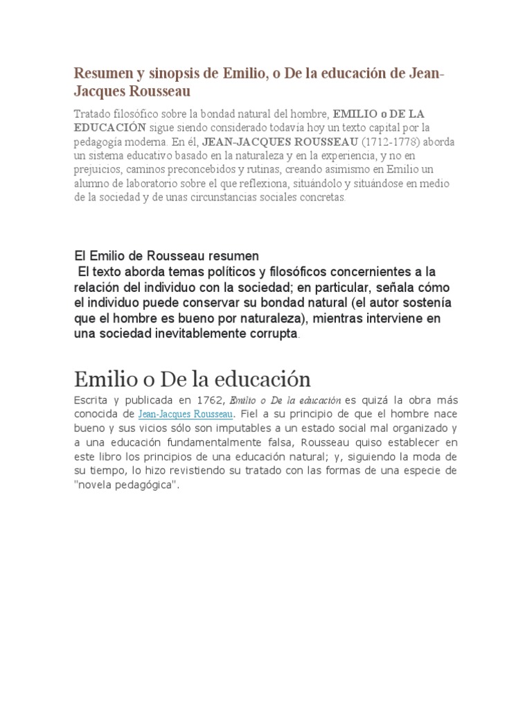 El Emilio de Rousseau resumen | PDF | Emile, o sobre educación | Jean ...