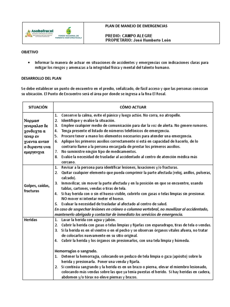 Plan de Manejo de Emergencias | PDF | Herida | Primeros auxilios
