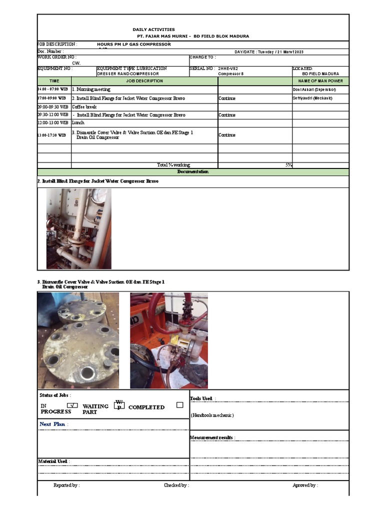 Daily Report LP Gas Compressor B - 10000 HRS PM | PDF | Piston | Gas ...