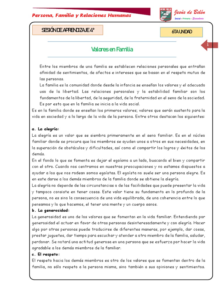 Valores Fundamentales en la Familia | PDF | Autoestima | Familia