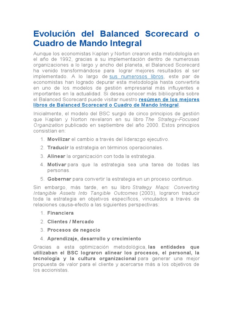 Evolución del Balanced Scorecard o Cuadro de Mando Integral | PDF ...