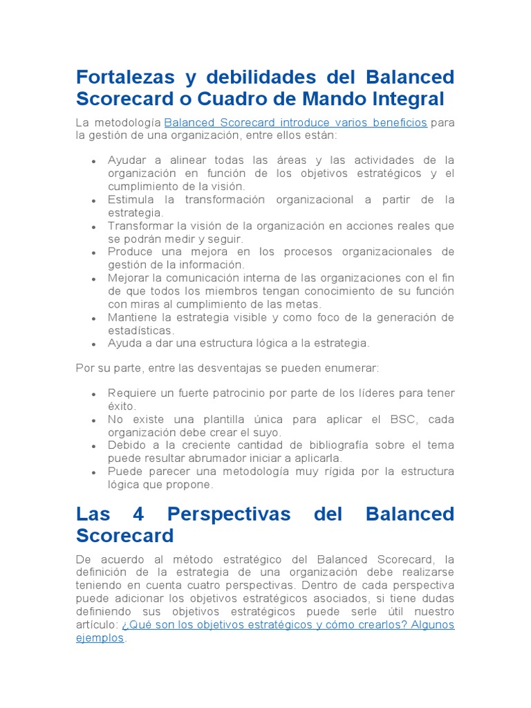 Fortalezas y debilidades del Balanced Scorecard | PDF | Business ...