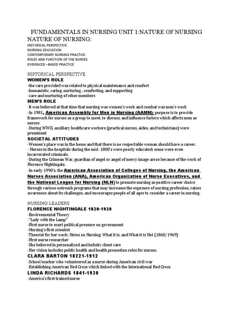Fundamentals in Nursing Unit 1 | PDF | Nursing | Health Care