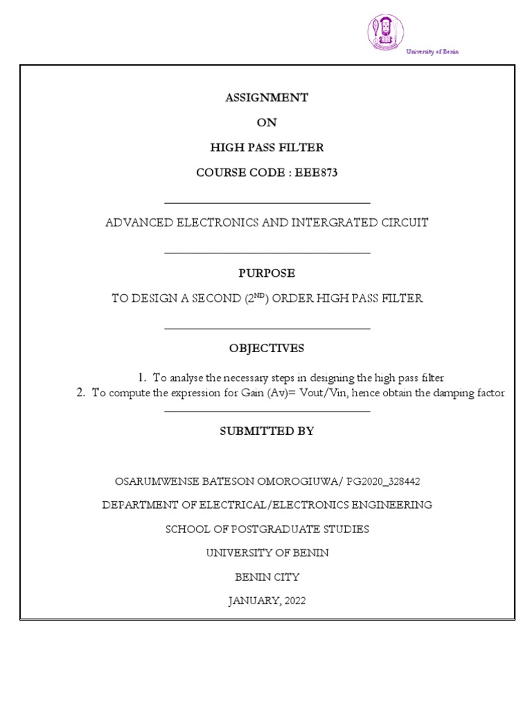 High Pass Filter Design Assignment | PDF | Electronic Filter ...