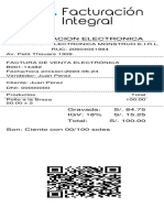 Facturacion Electronica: Gravada: S/. 84.75 IGV: 18% S/. 15.25 Total: S/. 100.00 Son: Ciento Con 00/100 Soles