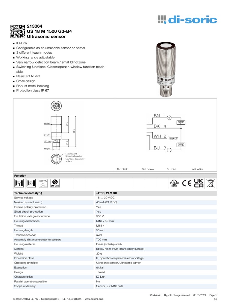 US 18 M 1500 G3-B4 Ultrasonic Sensor: BK: Black BN: Brown BU: Blue WH ...