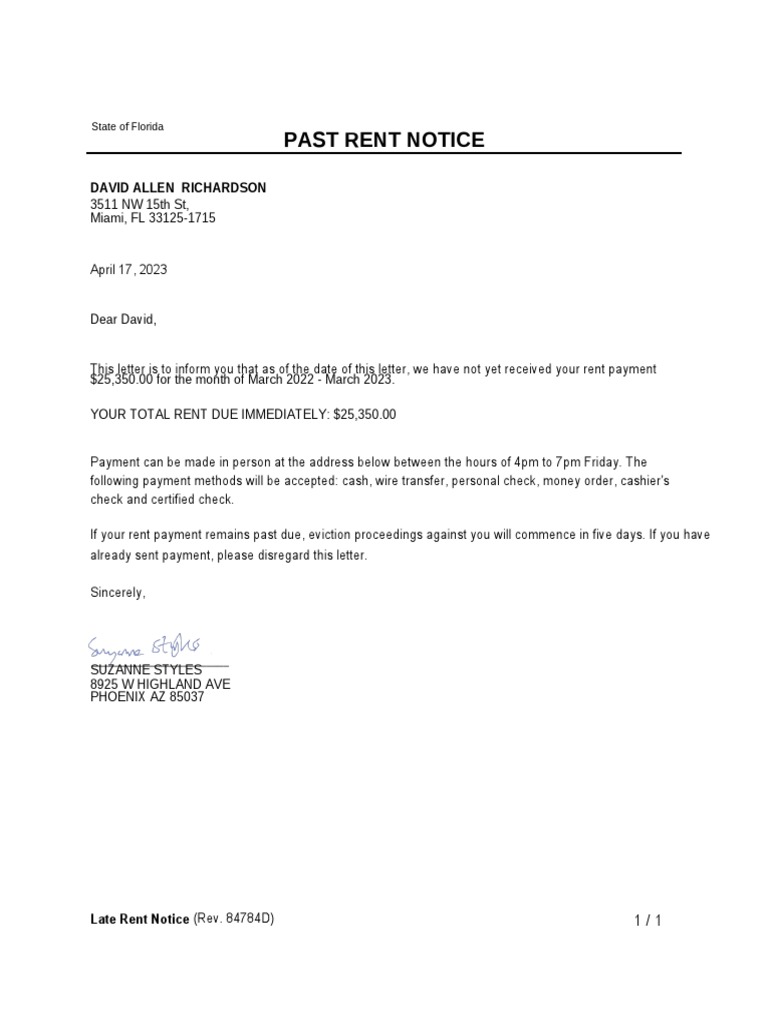 Past Rent Notice David PDF Eviction Leasehold Estate