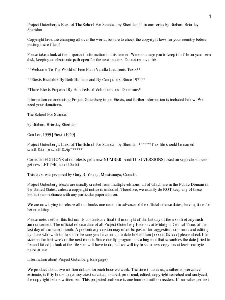 026 The School For Scandal By Richard B. Sheridan | PDF | E Text ...