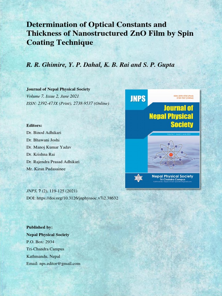 Determination of Optical Constants and Thickness of Nanostructured Zno