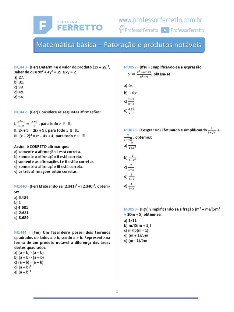 Questoes - Matematica Basica - Fatoracao e Produtos Notaveis | PDF ...