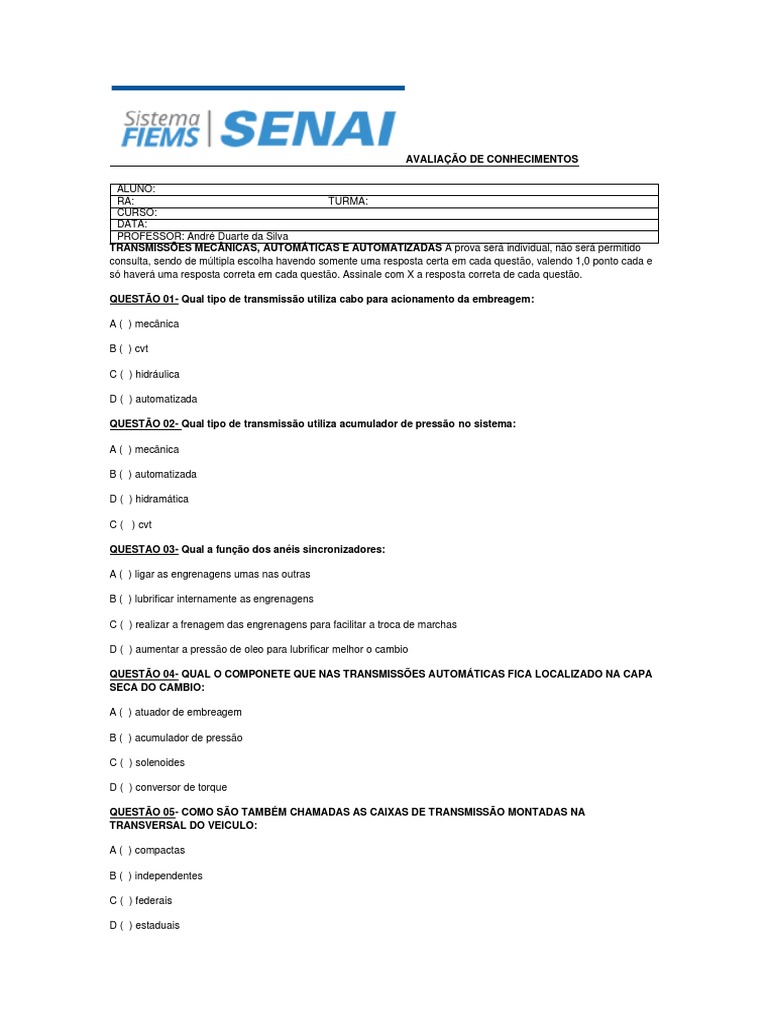 Avaliação de Conhecimentos Senai | PDF | Veículos | Máquinas