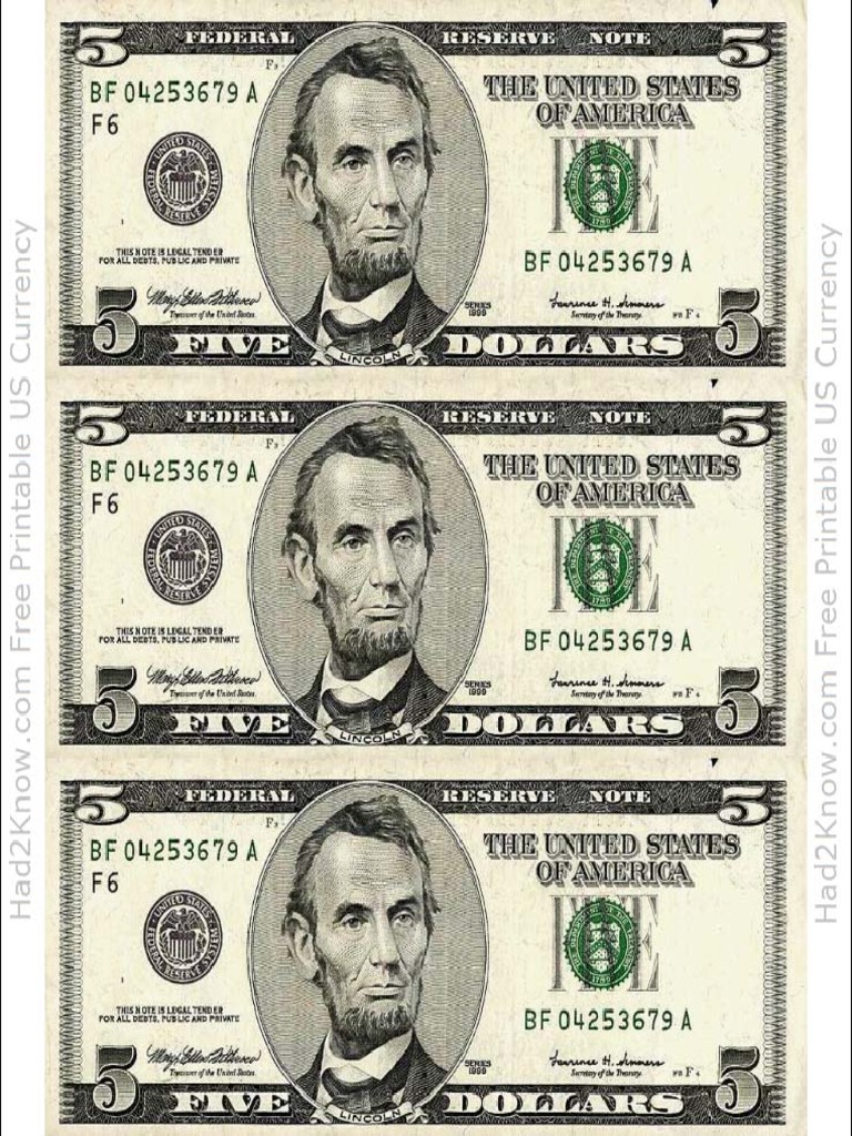 main five dollar bill template front PDF