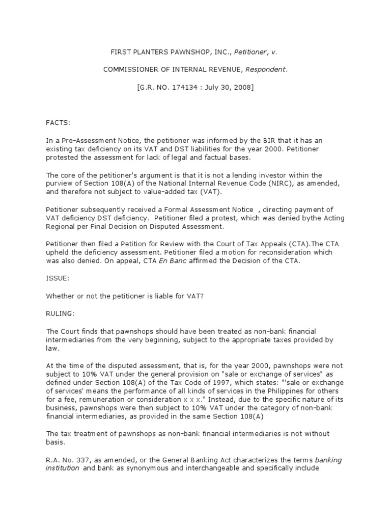 First Planters vs. BIR, 30 July 2008 PDF Banks Loans