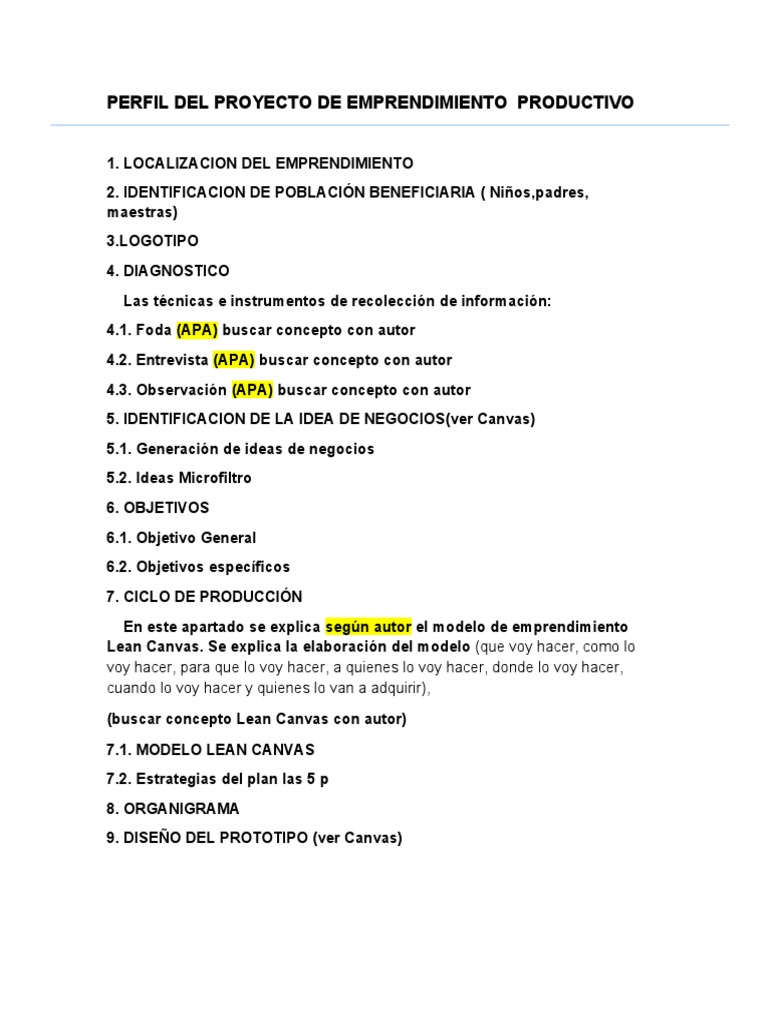 PERFIL DEL PROYECTO DE EMPRENDIMIENTO PRODUCTIVO 2023 | PDF
