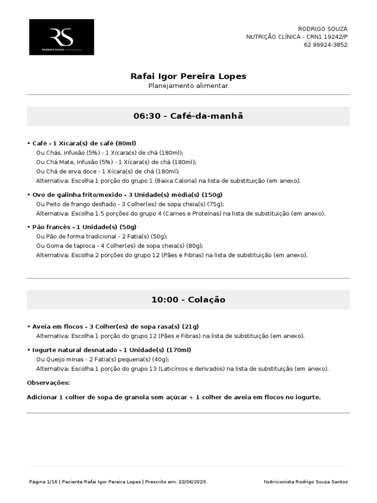 Planejamento Alimentar para Rafai Lopes | PDF | Queijo | Bife
