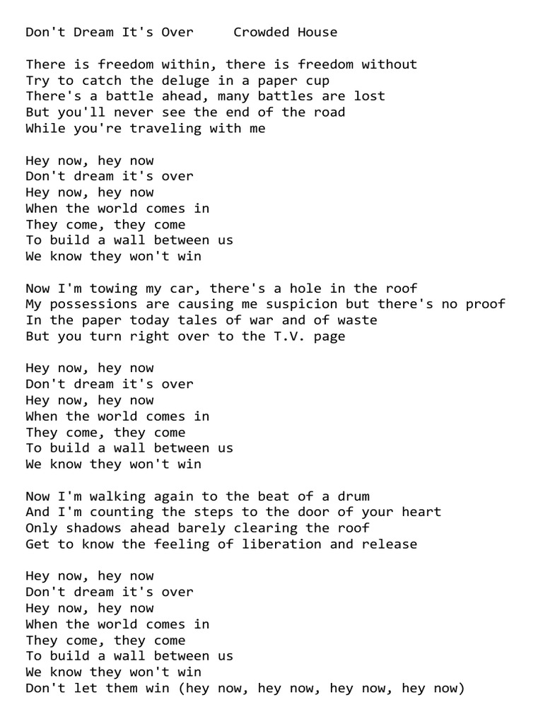 Don't Dream It's Over Crowded House Lyrics PDF