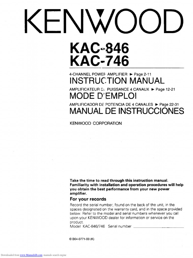KENWOOD Kac846 Instruction Manual | PDF
