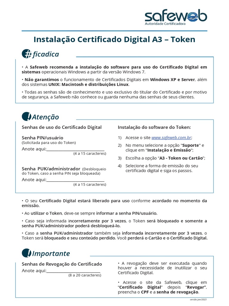Instalação do Certificado Digital A3 | PDF | Microsoft Windows | Senha