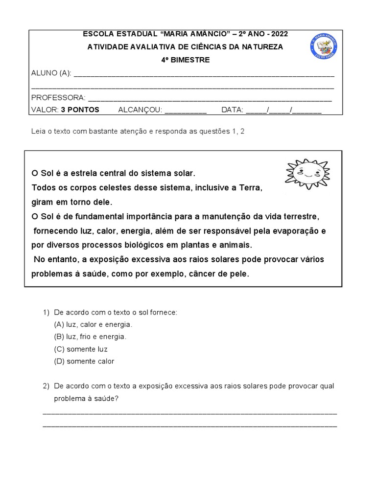 Avaliação de Ciências 2º Ano - 4º Bimestre | PDF | Carreira e Crescimento