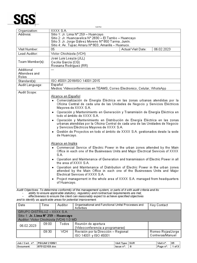 Plan de Auditoria - ISO 14001 - ISO 45001 | PDF | Ingenieria Eléctrica ...