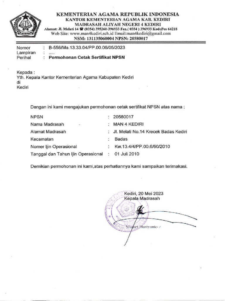 Surat permohonan cetak sertifikat npsn pdf