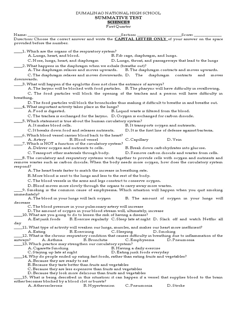 Grade 9 Science 1st Quarter Test | PDF | Cellular Respiration | Lung