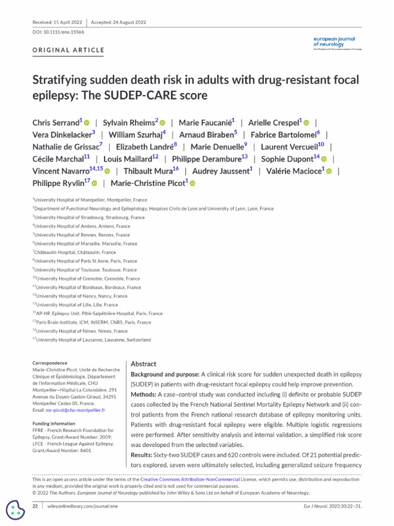 Stratifying Sudden Death Risk in Adults With Drug Resistant Focal Epilepsy The SUDEP CARE