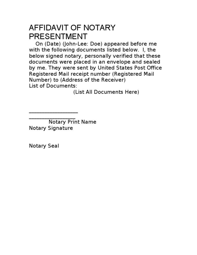 Affidavit Of Notary Presentment Template 10 03 08 Pdf Registered