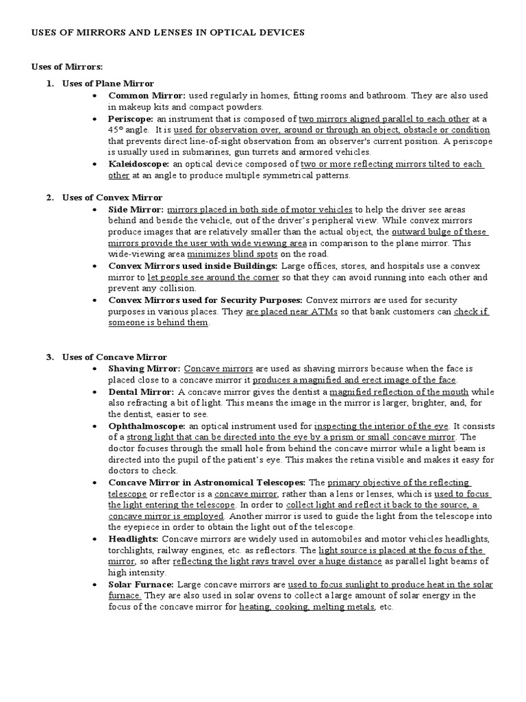 Notes in Uses of Mirrors and Lenses in Optical Devices PDF Mirror