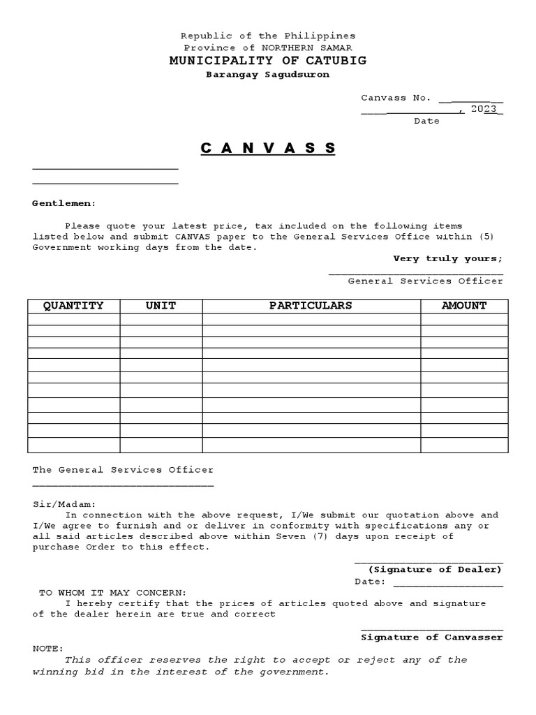 Northern Samar Barangay Price Canvass Form | PDF | Business | Finance ...