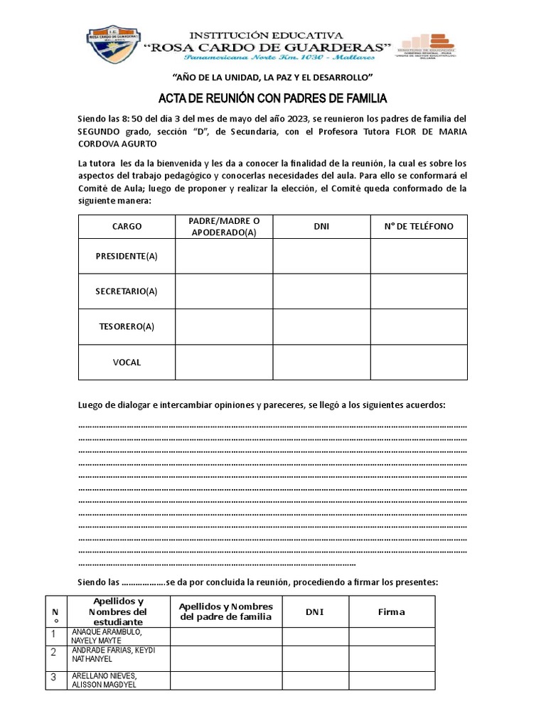 Acta de Reunión de Padres de Familia | PDF