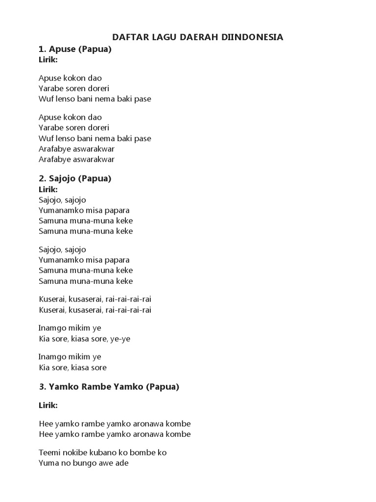 Daftar lagu daerah diindonesia pdf