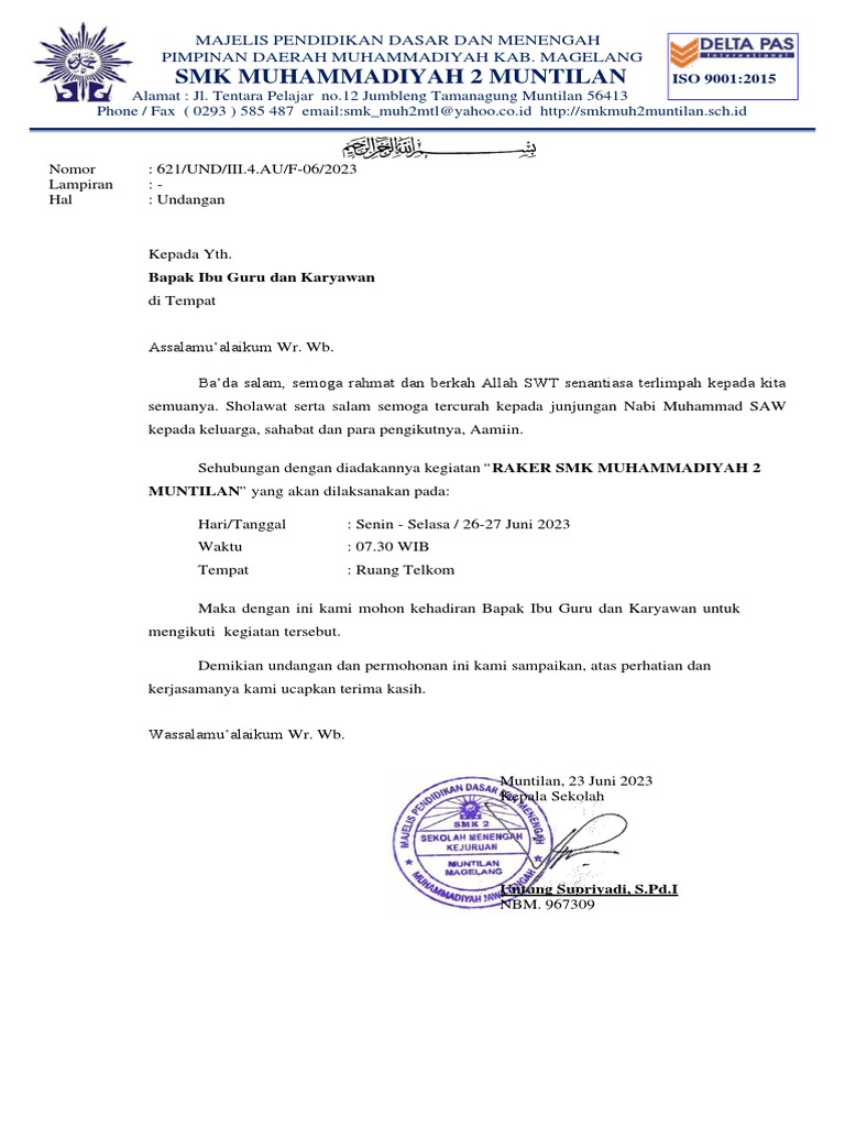 Undangan Raker SMK Muhammadiyah 2 | PDF