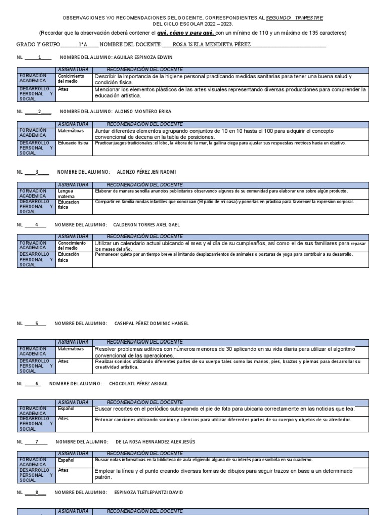 Observaciones Docente Segundo Trimestre | PDF | Maestros | Cognición