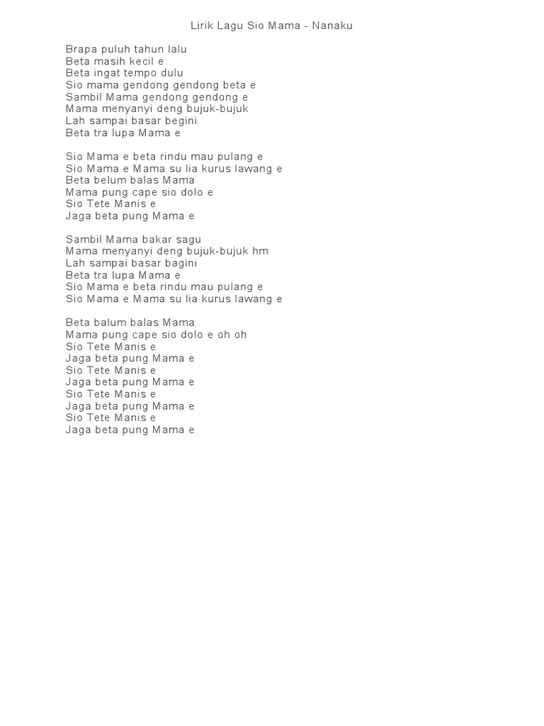 Lirik Lagu Sio Mama - Nanaku | PDF