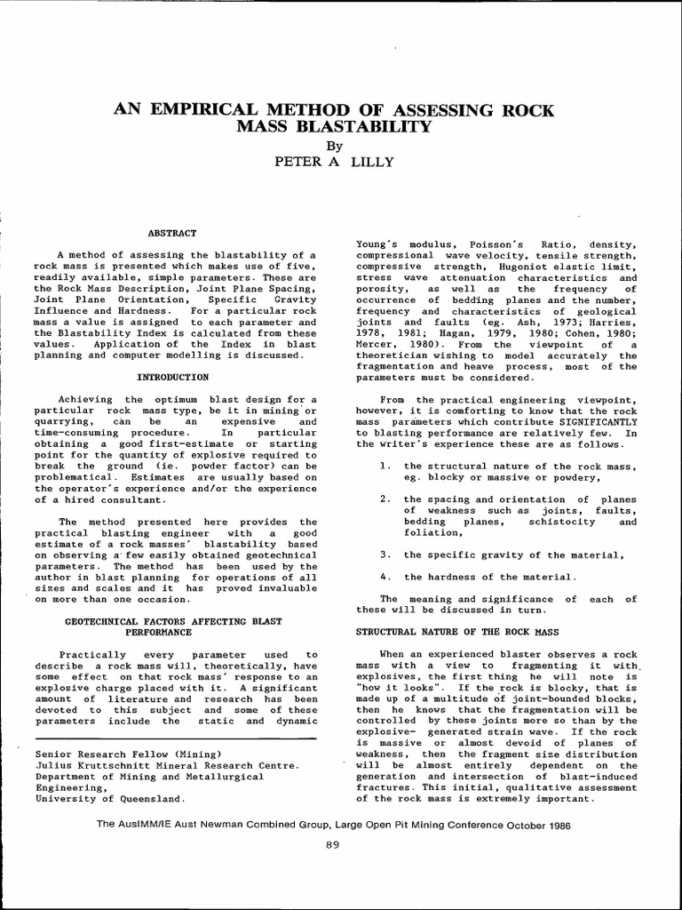 Rock Mass Blastability Assessment | PDF | Strength Of Materials | Mass