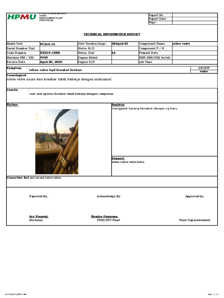 Laporan Kerusakan Relive Valve PC210-10 | PDF