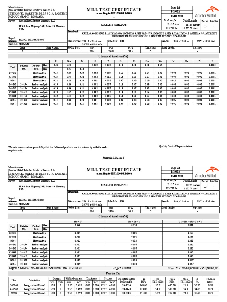 Seamless Steel Pipes Mill Test Certificate | PDF | Pipe (Fluid ...