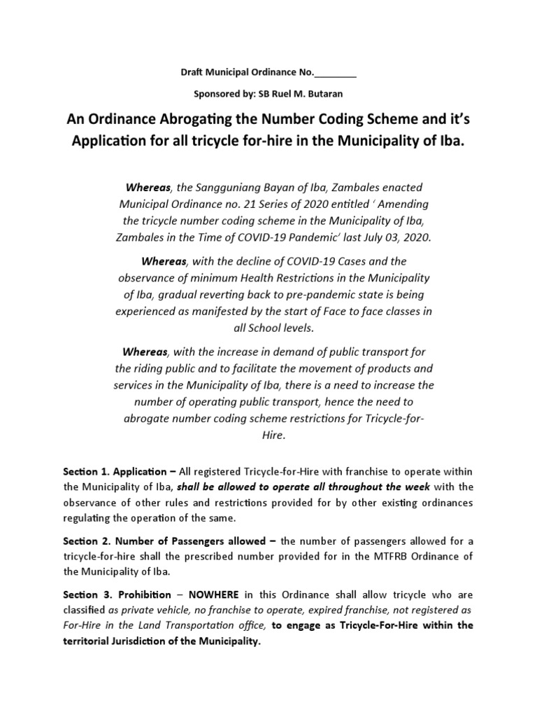 Draft Number coding scheme Iba PDF Local Ordinance Repeal
